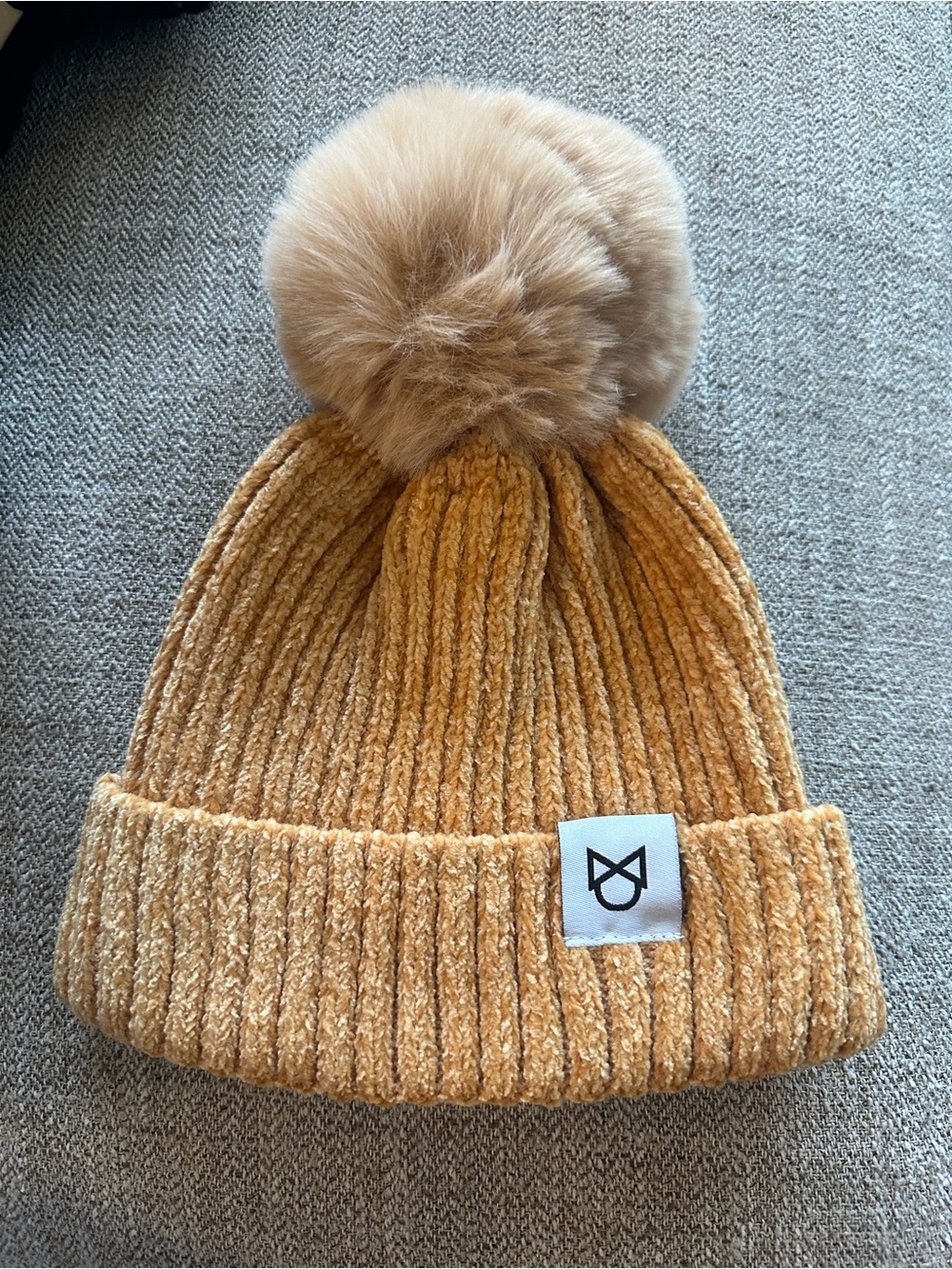 Children's Ribbed Pom Beanie Hat in Mustard with Faux Fur Pom